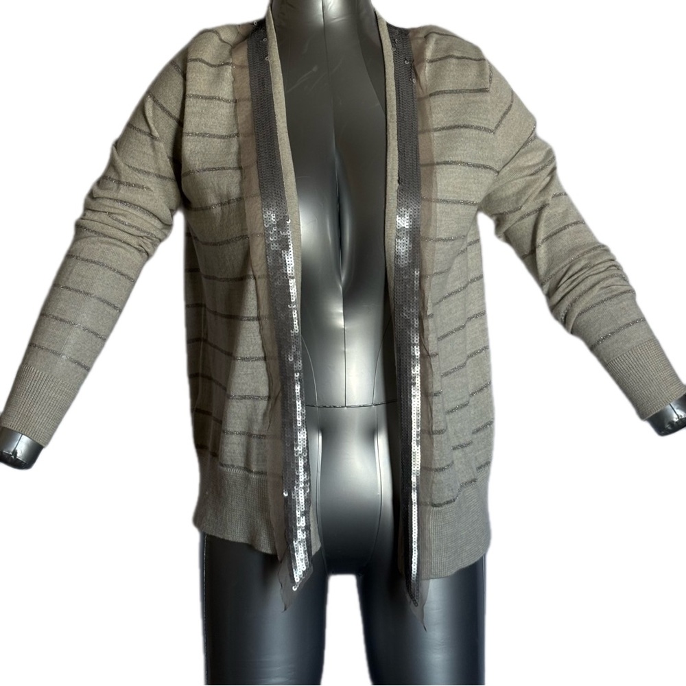 LOFT Acrylic Wool Mohair Cardigan Sequin Ivory Silver Stripe Thin Knit Women’s M